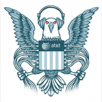 Eagle wiretapping ATT&T with dartoon suits and whistles